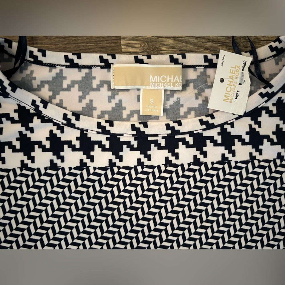 MICHAEL KORS Navy herringbone White Print Shift Dress Jersey Small Houndstooth - Picture 2 of 11